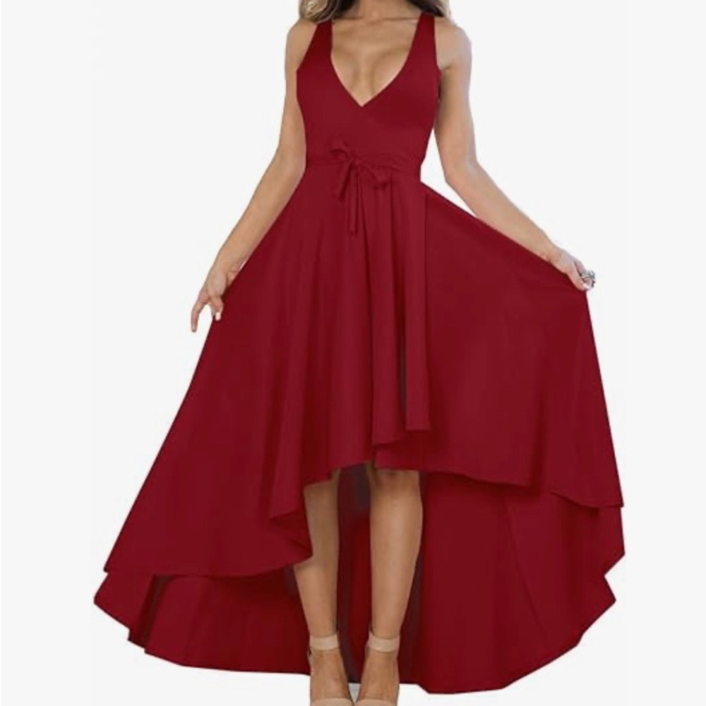 YS Damai high-low, v-neck maroon dress